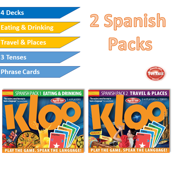 2 Spanish double deck packs. Players learn Spanish words, make sentences and have fun learning Spanish. Covers the vocabulary themes of Eating & Drinking and Places & Travel