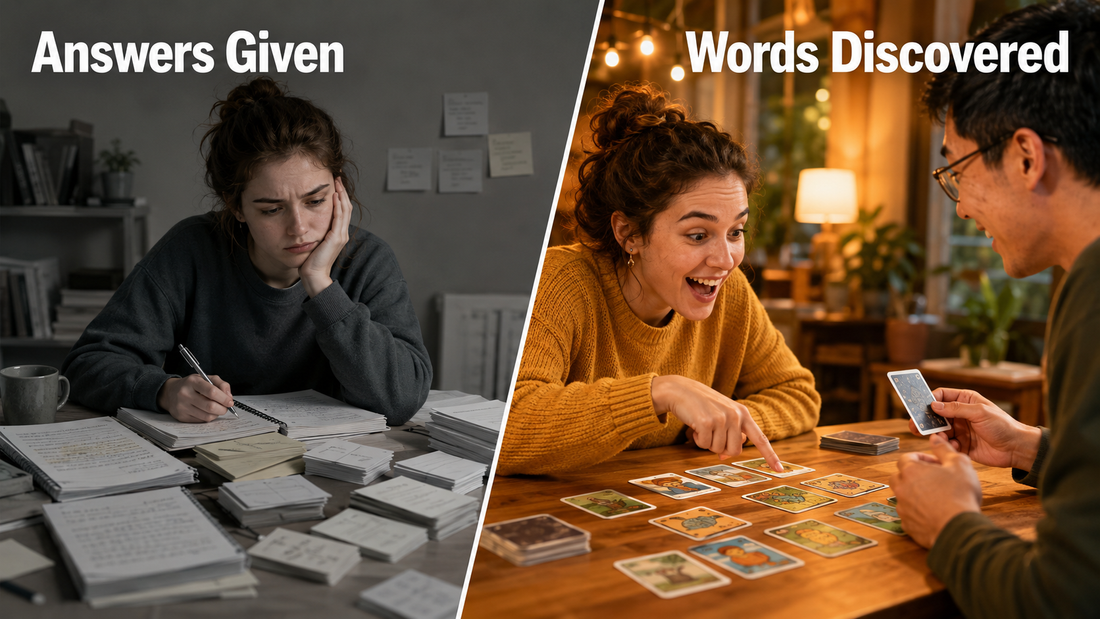 Split-screen image contrasting passive vocabulary study with active discovery through play: one learner studies notes alone while two people enjoy a card game together under the headings “Answers Given” and “Words Discovered.”