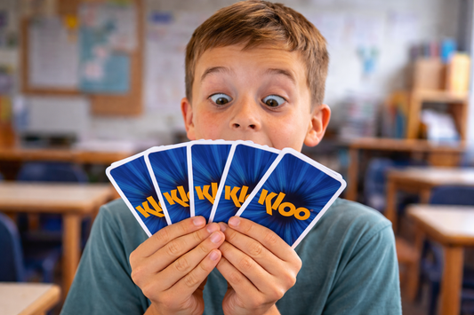 Young boy having aha moment while learning language with KLOO cards through discovery learning