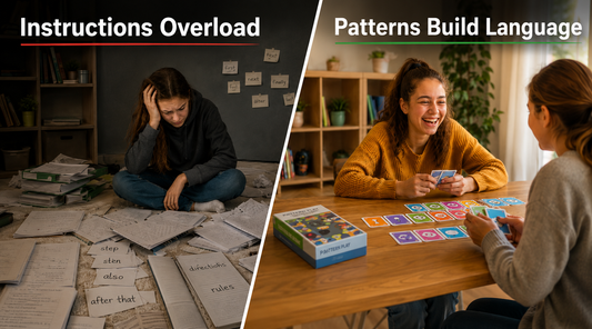 Split image showing a learner overwhelmed by studying alone contrasted with two people learning through playing a game together