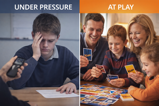 Child looking bored at tablet on one side and engaged playing a language board game in a classroom on the other