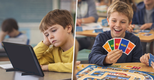 Split screen comparison: bored child learning language on tablet versus motivated child playing KLOO language learning card game