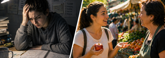 Split image showing a stressed learner studying vocabulary alone contrasted with using language in conversation at an outdoor market