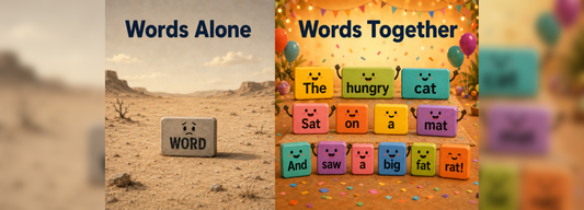 Split-screen image showing a lonely word block in a desert under “Words Alone” contrasted with colourful word blocks forming a simple sentence at a party under “Words Together.”