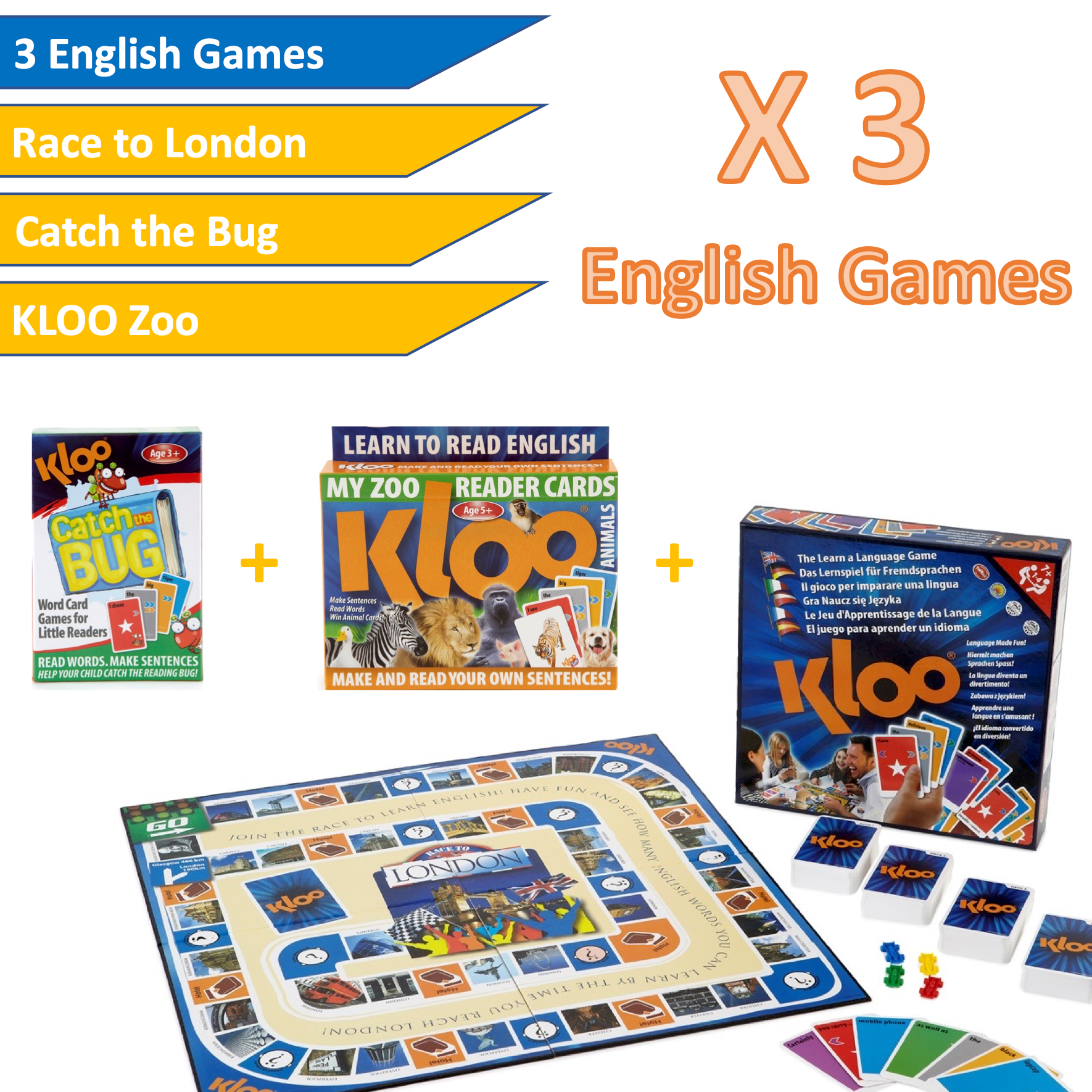 Set of 3 learn to read and speak English games showing three packs, 4 decks of KLOO cards and game board