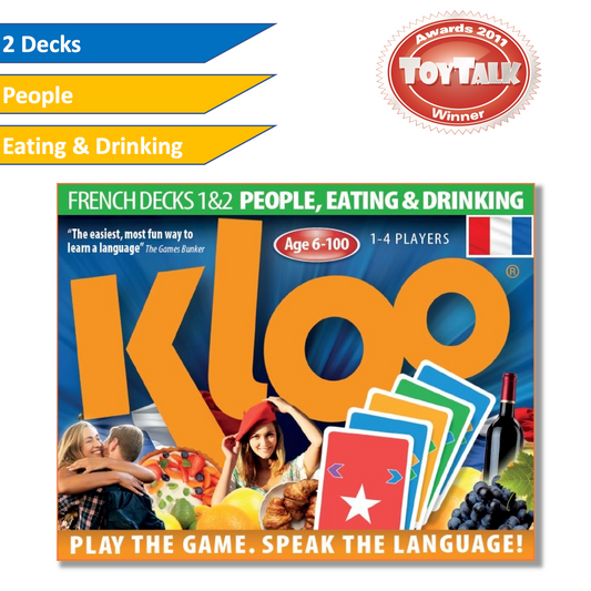 Kloo Learn French Double Deck card game box for 'Eating & Drinking' and 'People" themed vocabulary.