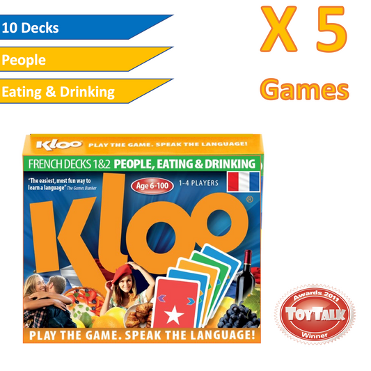 Kloo learn French card game packaging showing colorful double deck pack and text.