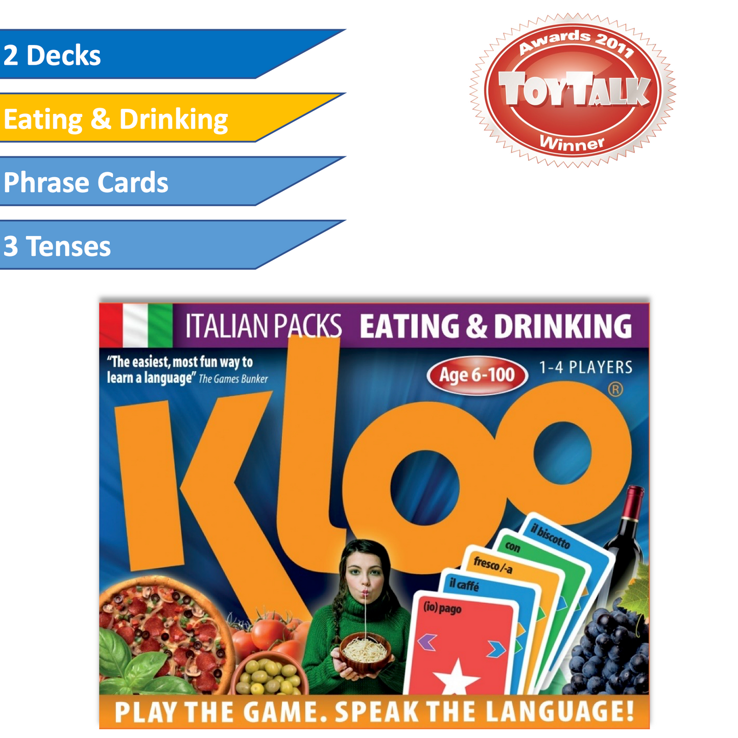 KLOO learn Italian double deck card game showing brightly coloured pack with eating & drinking vocaulary theme