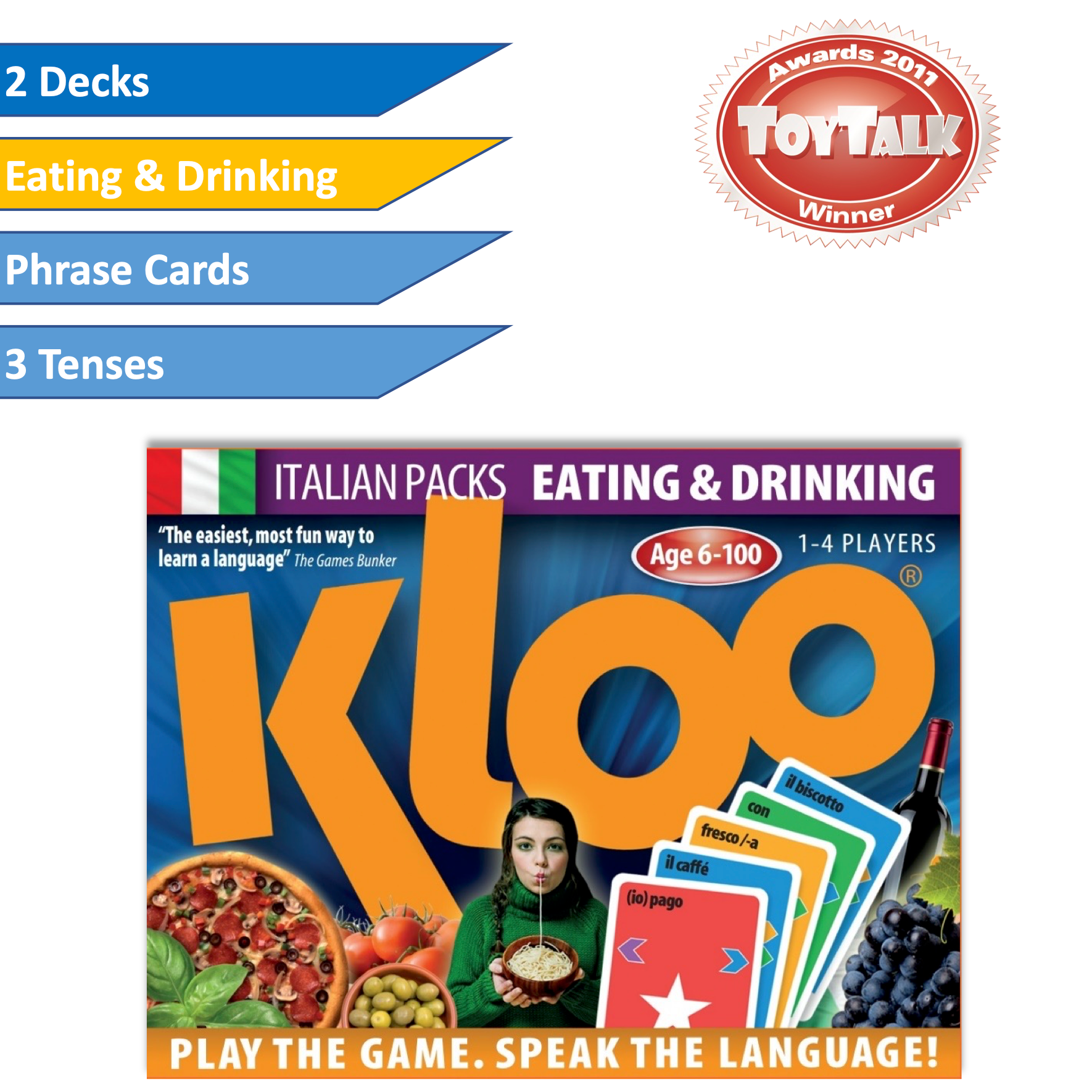 KLOO learn Italian double deck card game showing brightly coloured pack with eating & drinking vocaulary theme