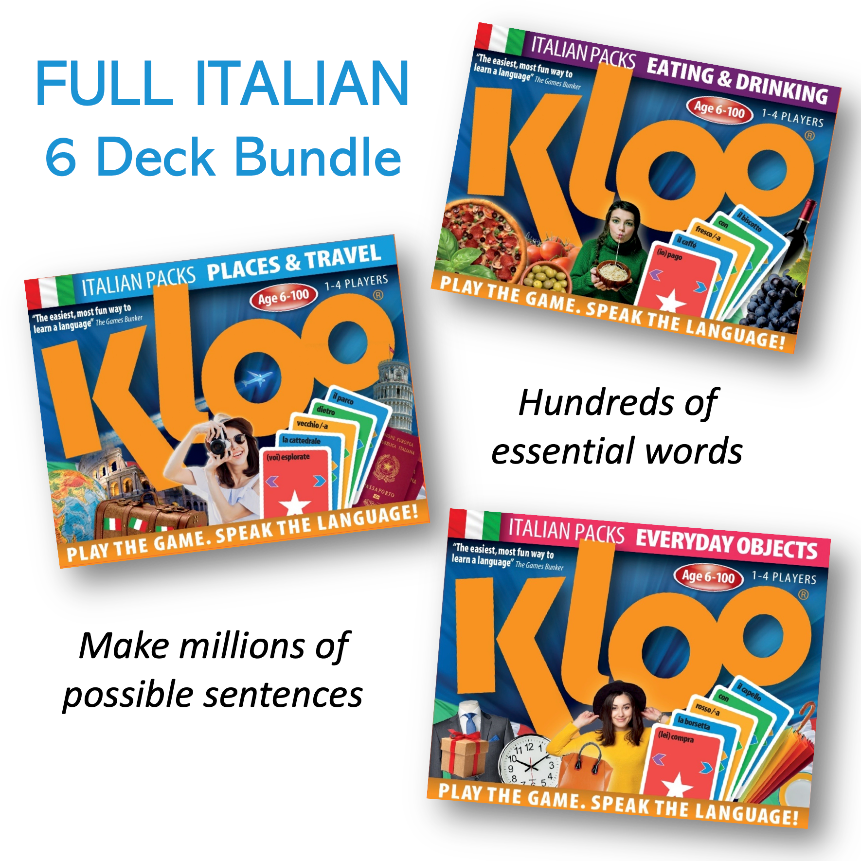 Bundle of 3 brightly coloured Learn Italian double deck card games 