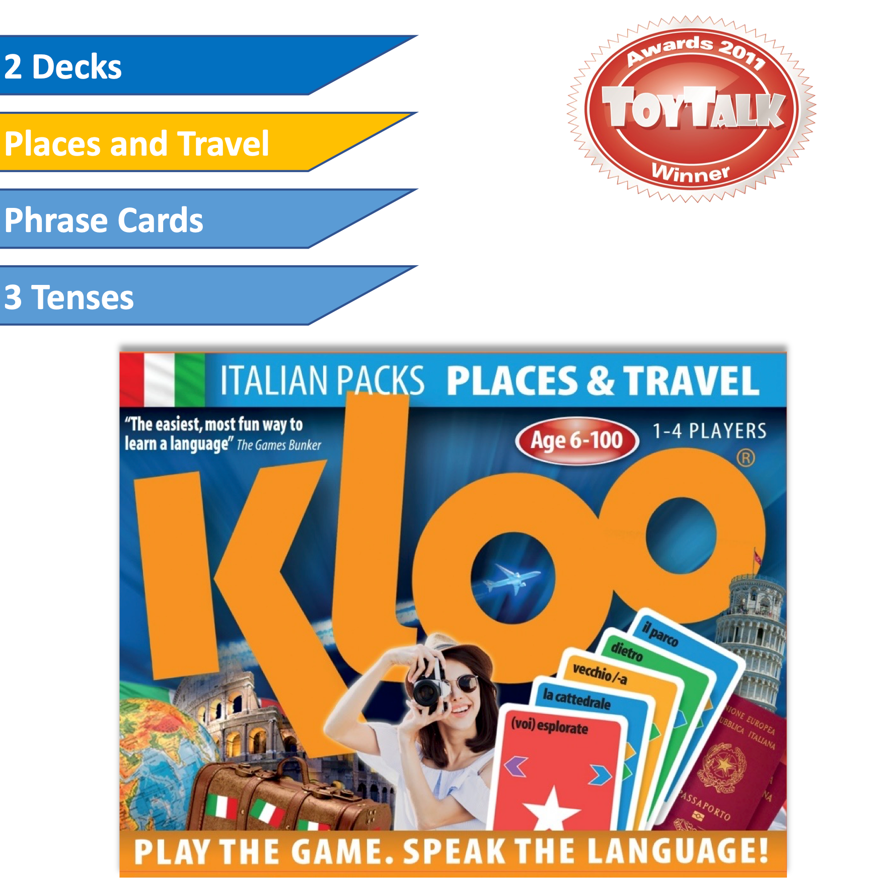 Kloo learn Italian game packaging of double deck pack of places and travel vocabulary, featuring colorful text and images.