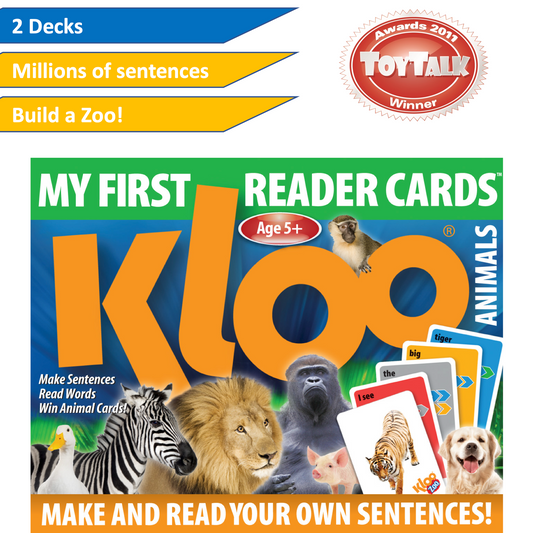 Brightly coloured double deck reading game box showing with word cards and zoo animal pictures