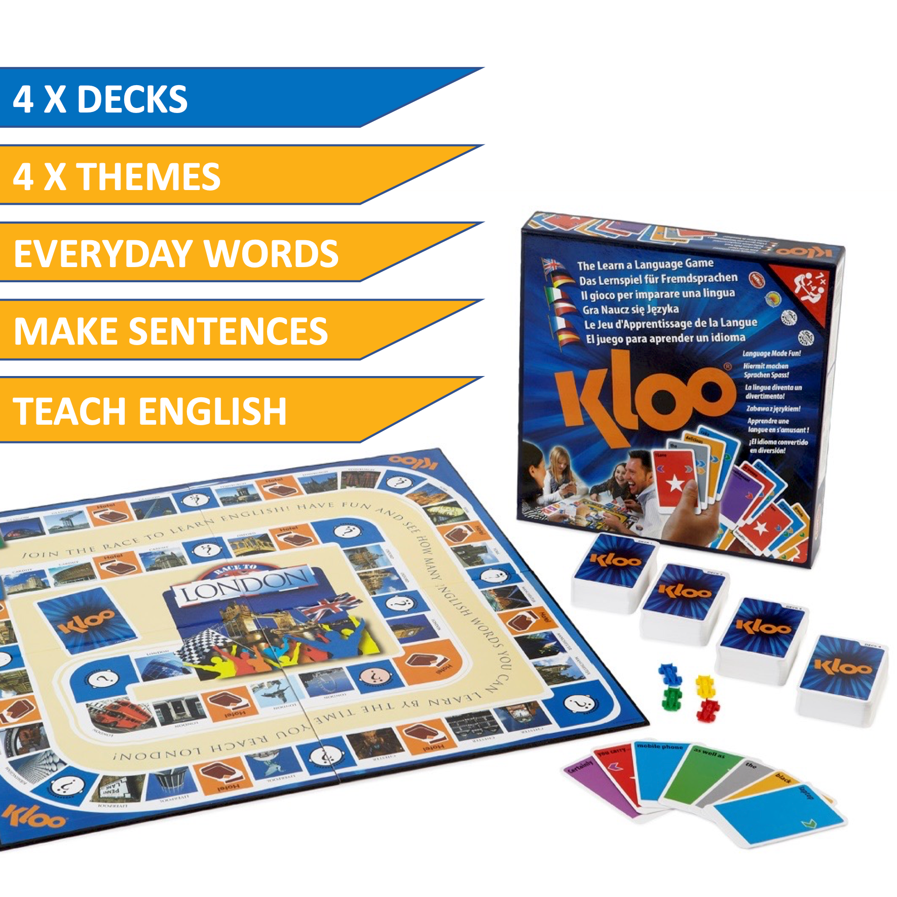 KLOO Teach English Board game showing game board and four decks of English vocabulary cards and racing car pieces