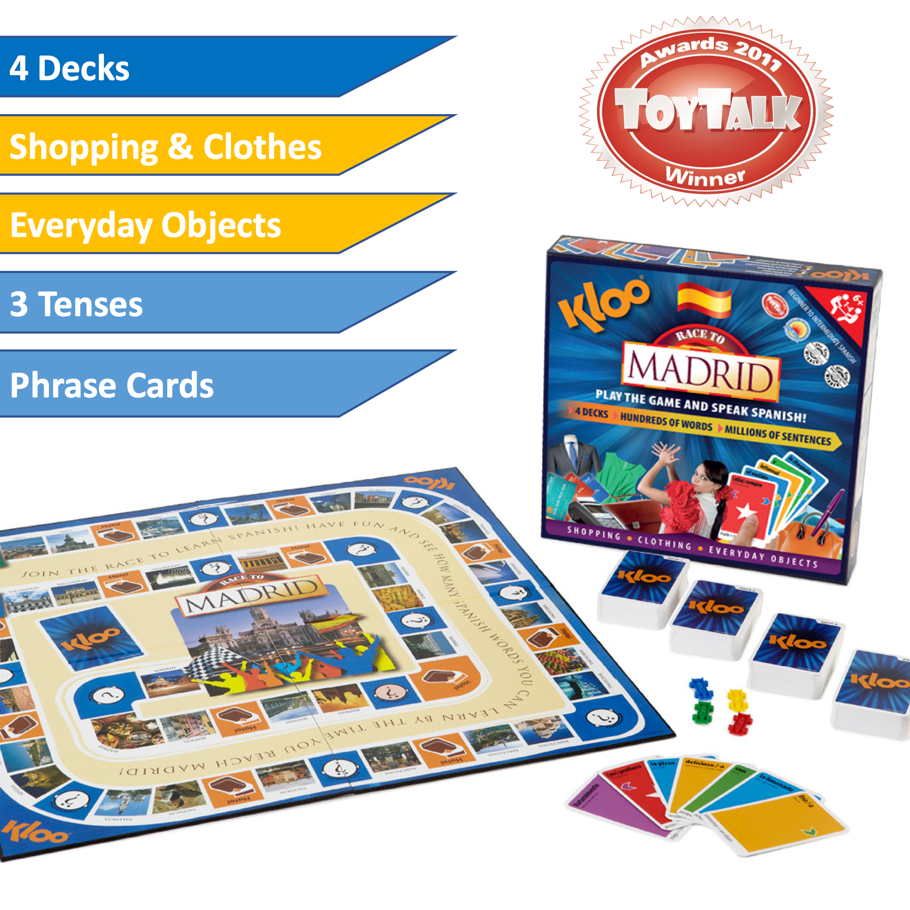 KLOO Learn Spanish Board game showing game board and four decks of vocabulary cards , cards making a sentence and 4 racing car pieces