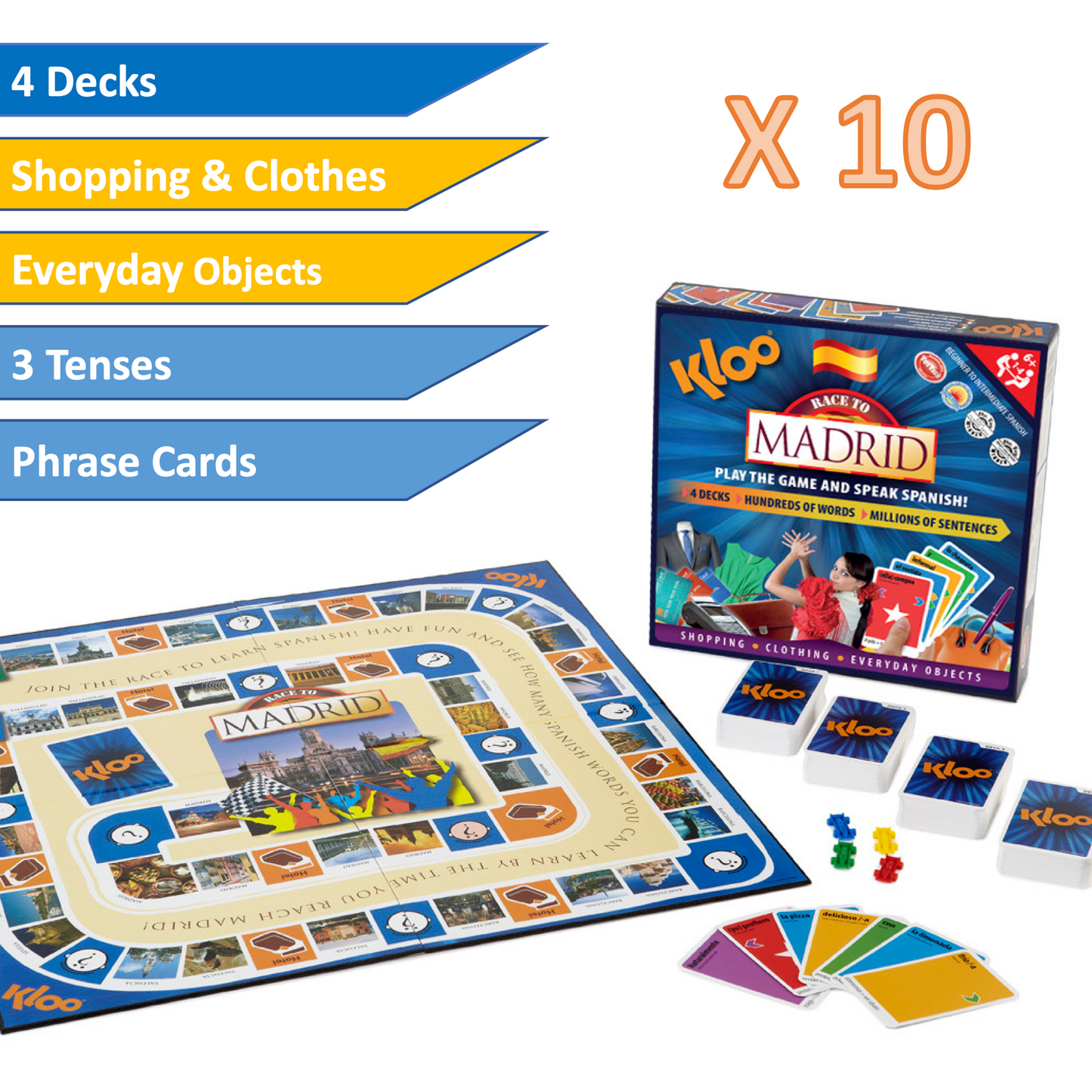 KLOO Learn Spanish Board game showing game board and four decks of vocabulary cards and text indicating classroom bundle of 10 games