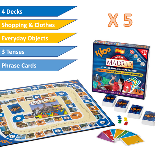 KLOO Learn Spanish Board game showing game board and four decks of vocabulary cards and text indicating classroom bundle of 5 games