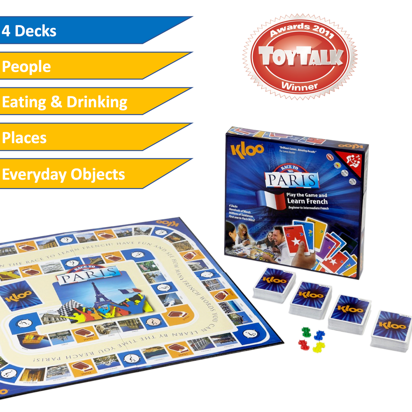 KLOO Learn French Board game showing game box, game board and four decks of vocabulary cards , cards making a sentence and 4 racing car pieces