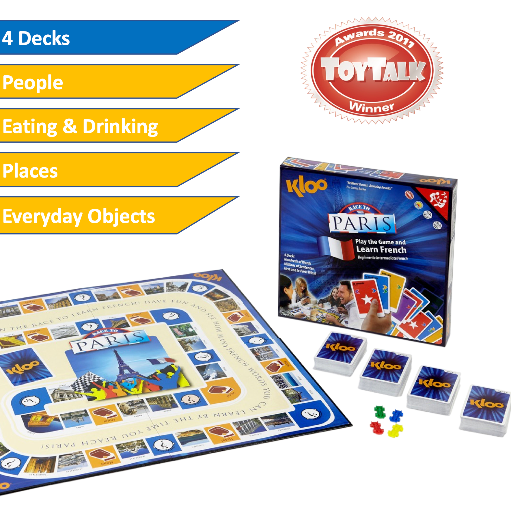KLOO Learn French Board game showing game box, game board and four decks of vocabulary cards , cards making a sentence and 4 racing car pieces
