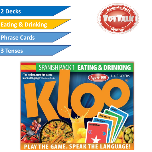 Kloo Learn Spanish Double Deck card game box for 'Eating & Drinking' vocabulary.
