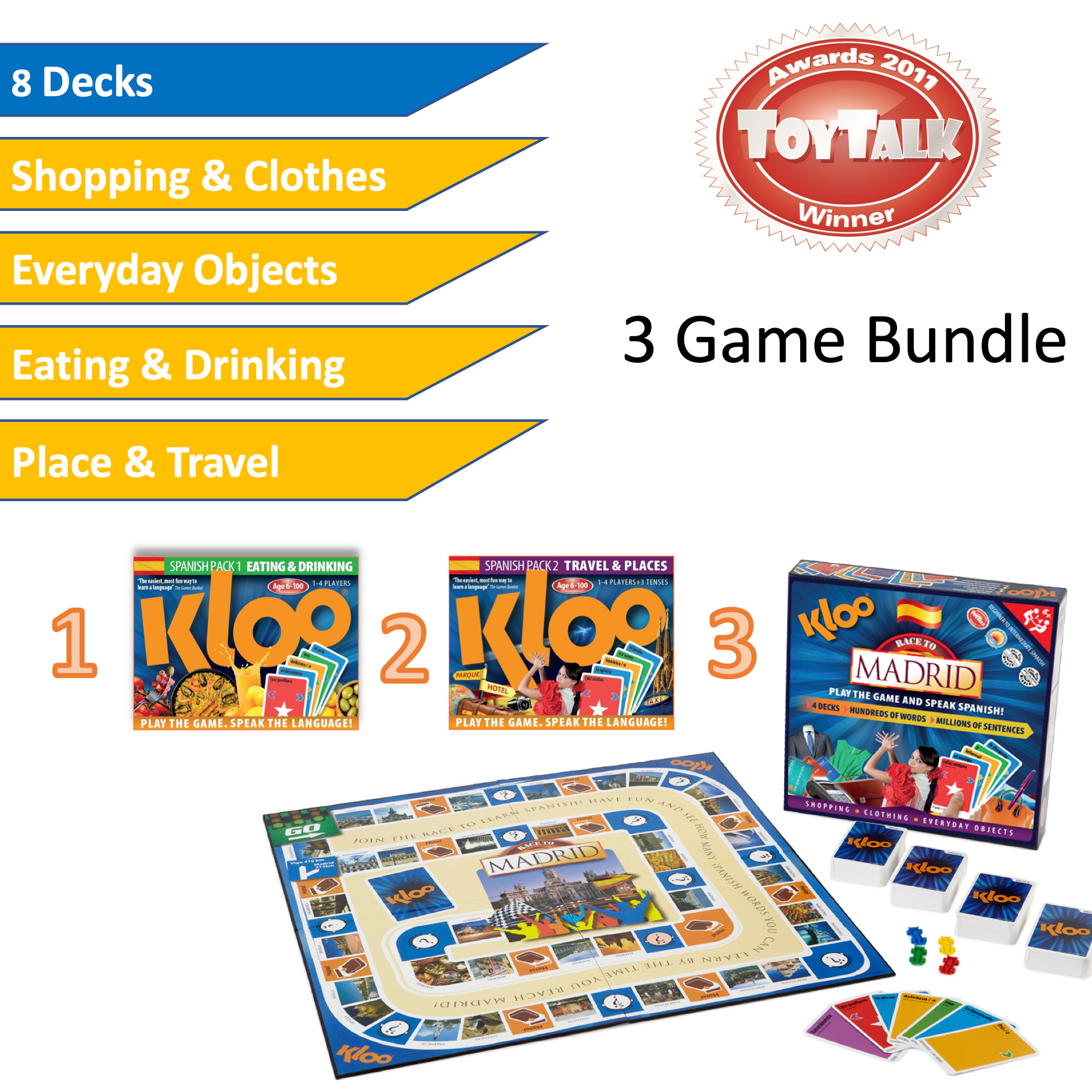 Kloo learn Spanish 3 game bundle with 8 decks and a game board