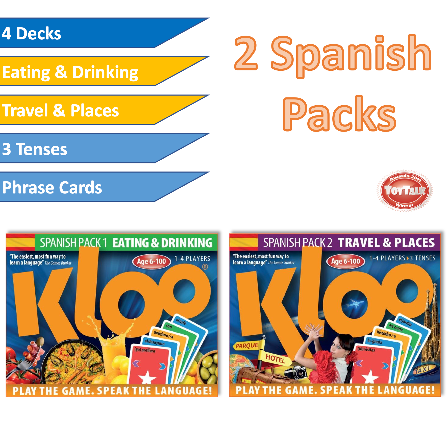 Two Spanish language learning card game packs by Kloo with colourful packaging with text showing Eating & drinking and Places & Travel vocabulary themes