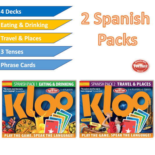 Two Spanish language learning card game packs by Kloo with colourful packaging with text showing Eating & drinking and Places & Travel vocabulary themes