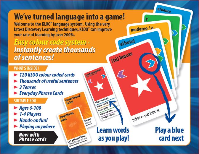 Back of Learn to Speak Spanish Card Games for kids schools and adults. Teach yourself Spanish or teach your child Spanish