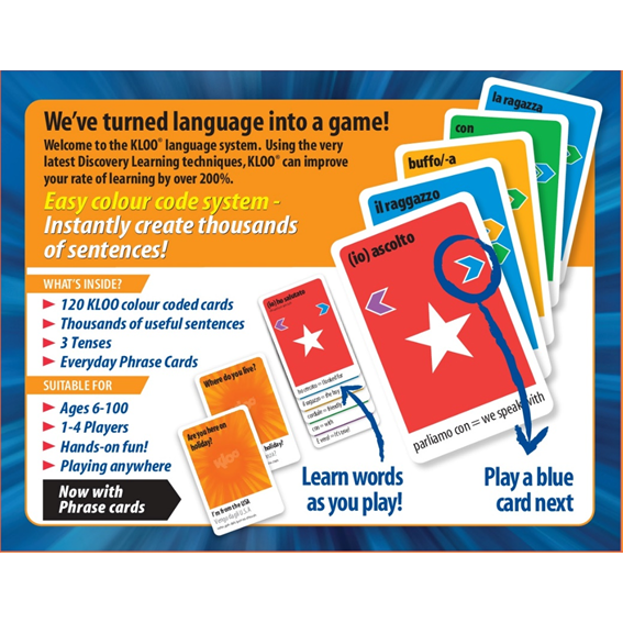 Back of Learn to Speak Italian Card Games for kids schools and adults. Teach yourself Italian or teach your child Italian