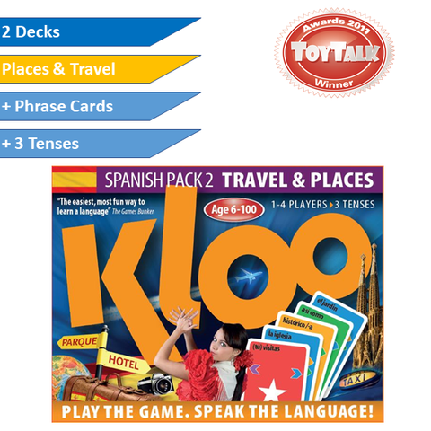 KLOO's Play & Speak Spanish Games Pack 2 - Places & Travel (2 Decks) - Fast, Fun and Easy!
