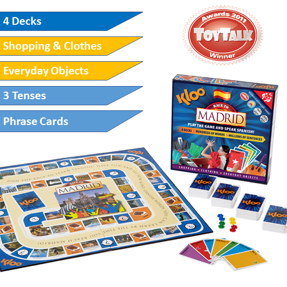 KLOO Race to Madrid and Learn Spanish Board Game (4 Decks)