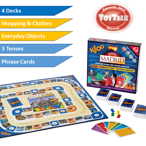KLOO's 'Race to Madrid' - Play & Learn Spanish Board Game - (4 Decks) - Fun, Fast and Easy !