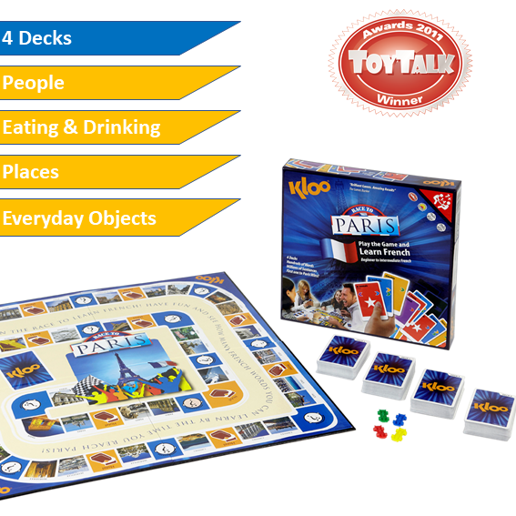 Learn French Board Game for Kids Family Teachers. Players learn French words, make sentences and score points in a Race to the French capital. A fun, fast and effective way to learn French