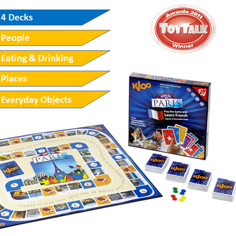 KLOO's 'Race to Paris' Board Game (with Decks 1, 2, 3 & 4) - Play & Speak French Easily & Quickly