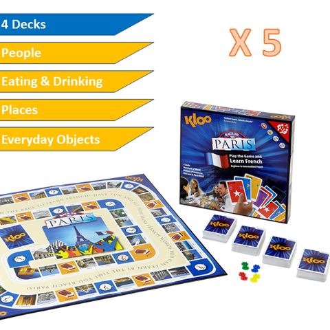 KLOO's Play & Speak French Schools Value Pack - 5 x 'Race to Paris' Board Games - Language Teacher MFL Resources