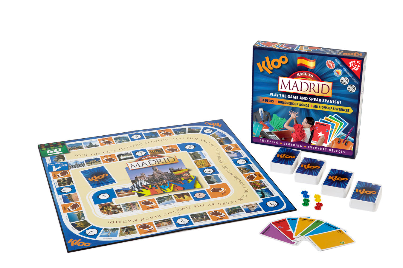 KLOO Race to Madrid and Learn Spanish Board Game (4 Decks)